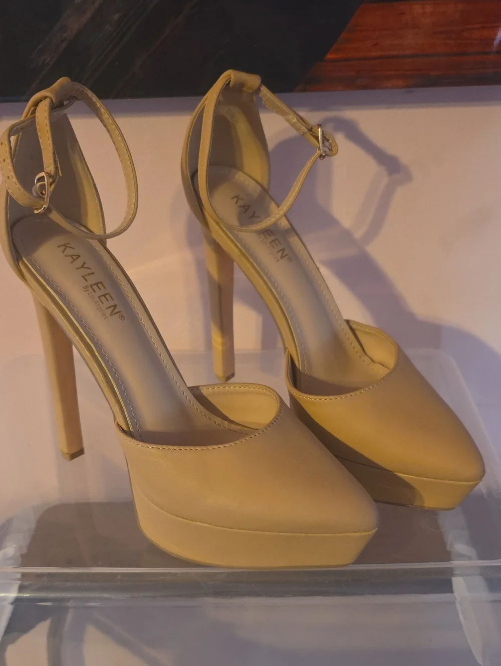 Women's Mustard Ankle-Strap Platform Pumps